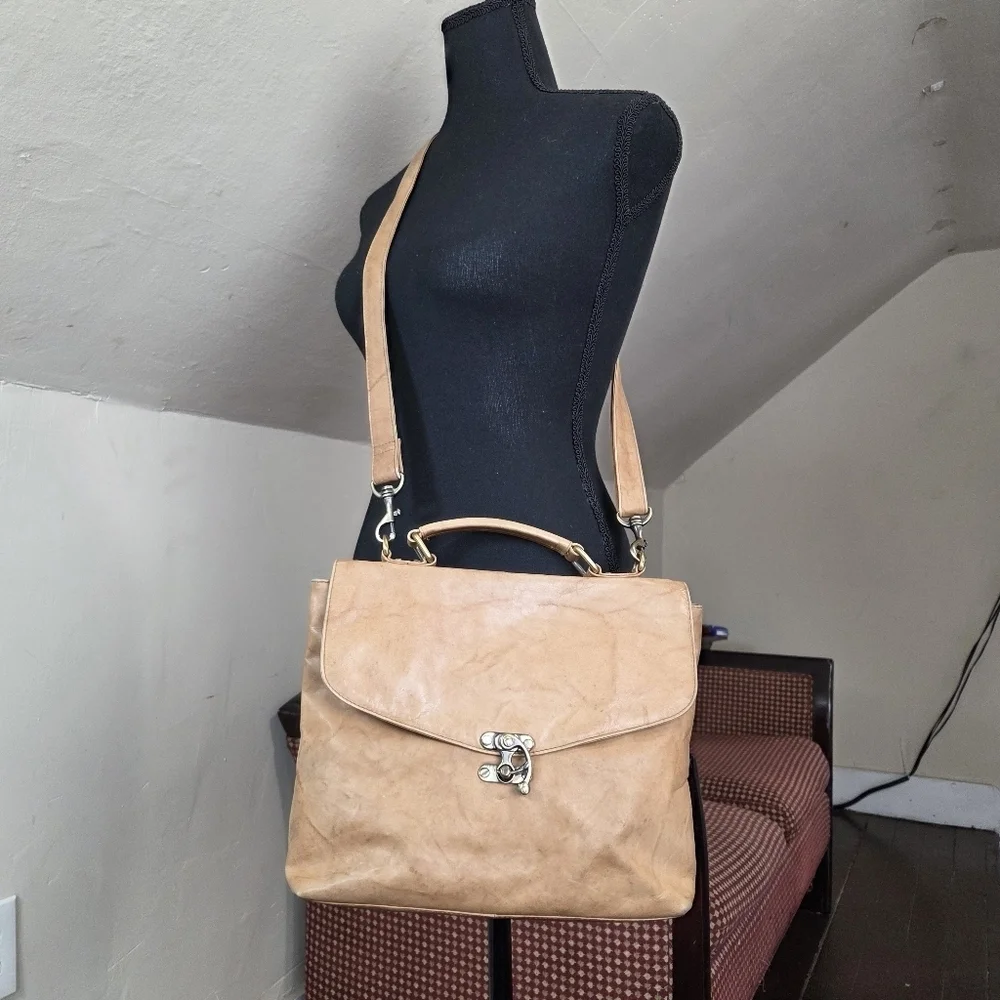 Bolla Genuine Leather Satchel Crossbody Tan Distressed VTG Style Brass Hardware